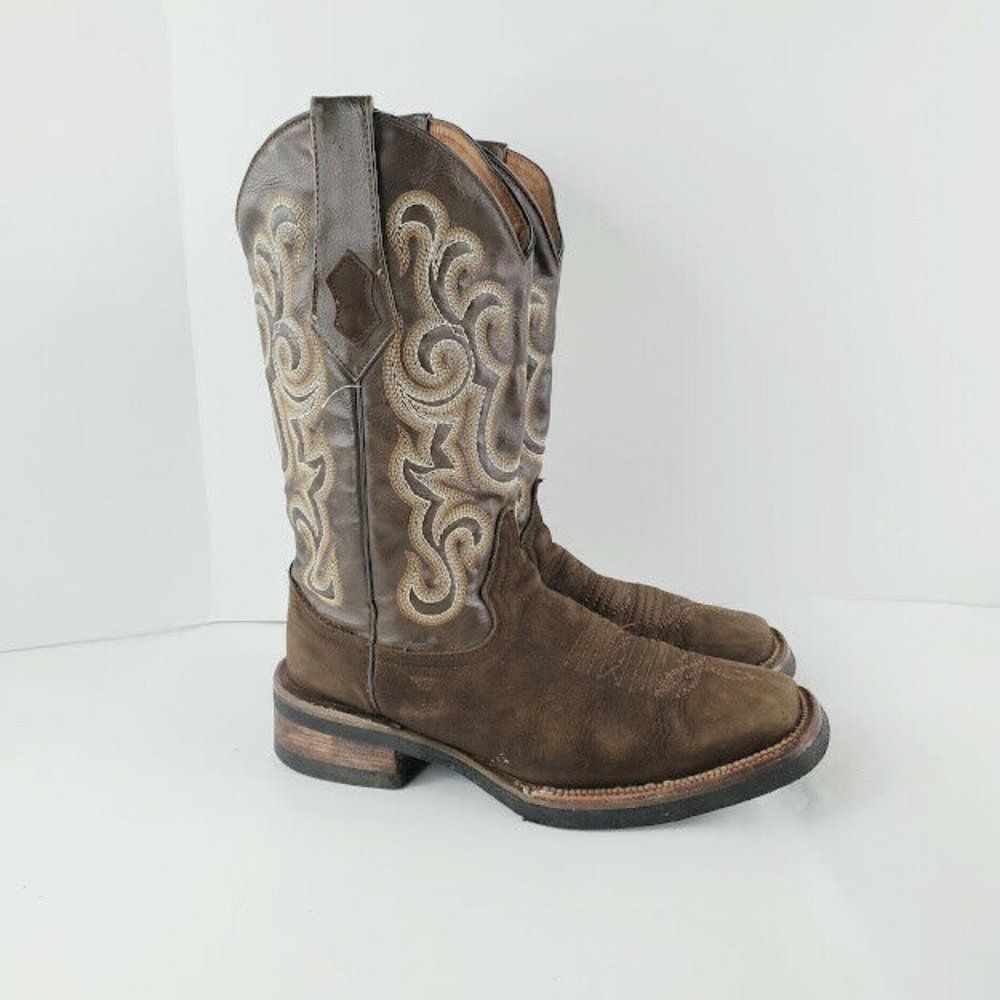 Ferrini Brown Square Toe Mid Calf Block Heel Boots